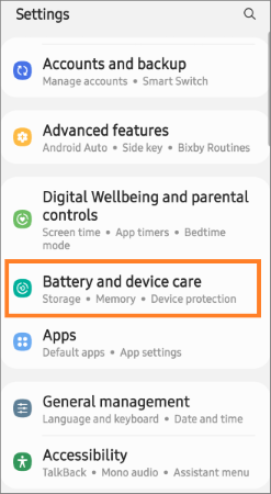 select the battery and device care option from settings