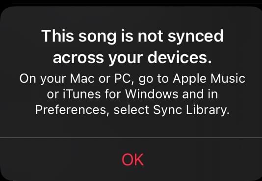 this song is not synced across your devices