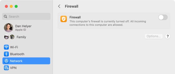 disattivare il firewall per correggere l'airdrop rifiutato