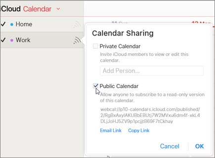 ottieni l'URL del calendario su icloud.com