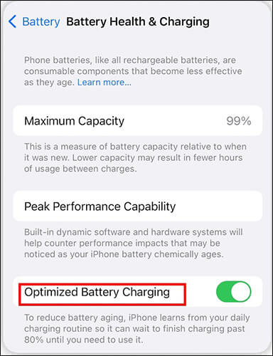 désactivez la charge optimisée de la batterie pour réparer l'iPhone qui ne se chargera pas après la mise à jour iOS 17/18