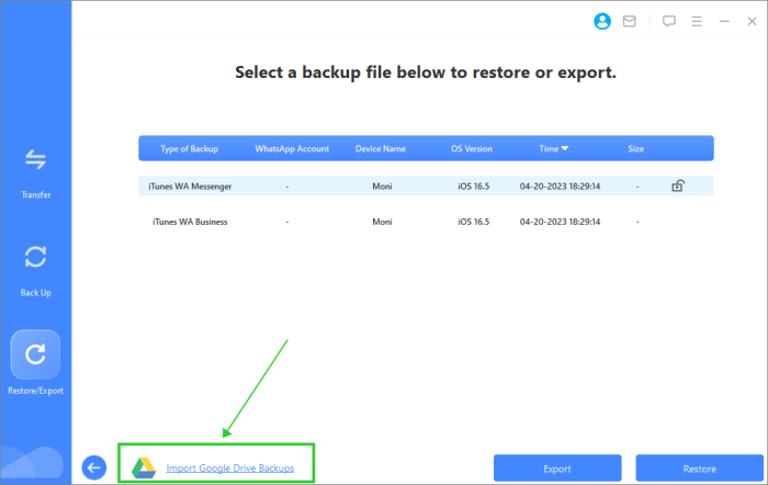 Google Drive yedeklerini içe aktar'ı seçin