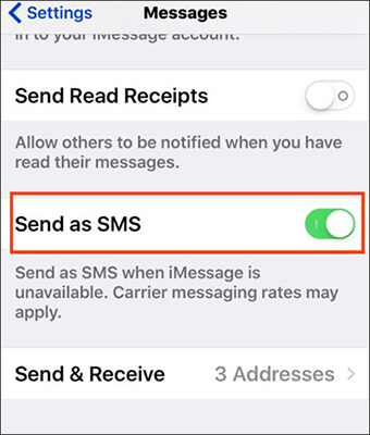 enable send as sms to fix imessage doesn't say delivered