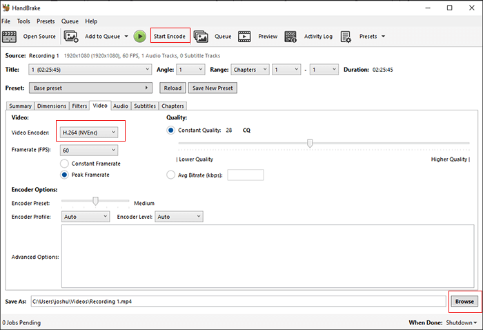 how to change h.265 to h.264 using handbreak