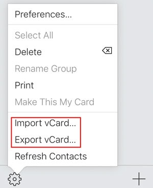 a screenshot of select all contacts and export as vcard file