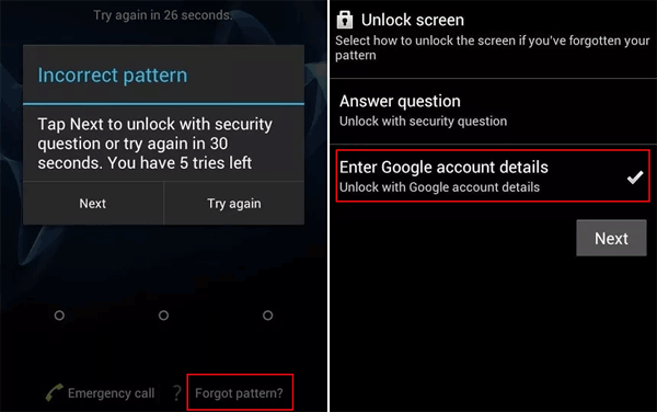 enter google account to unlock android phone password without factory reset