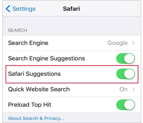 disable safari suggestions to fix safari not loading websites ios 14